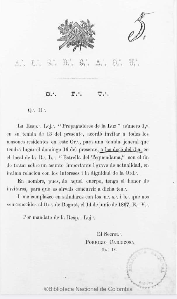Carta patente original de la Logia Propagadores de la Luz N°1